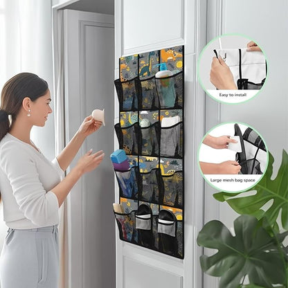 Multi-Pocket Over the Door Organizer, 12 Mesh Pockets Storage Hanging Bag Behind the Door for Shoes Toys and Cleaning Supplies, Fabric Door Organizer for Bedroom Bath, Dinosaur Print