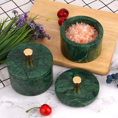 Marble Salt Cellar with Lid, 4 inch Natural Stone Salt Pepper Box, Alloy Lid for Kitchen Countertop Storage (Blackish Green, 4 * 3.5)