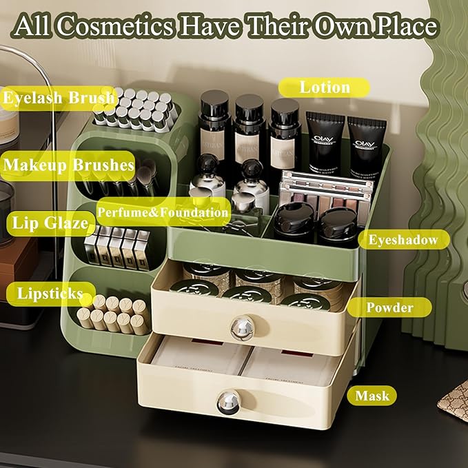 Makeup Organizer Countertop For Women,Brush Holder, Makeup Storage Organizer with 2 Drawers, Spacious Cosmetic Display Case for Beauty Essential, Skincare, Lipstick (Green)