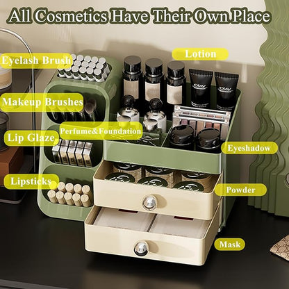 Makeup Organizer Countertop For Women,Brush Holder, Makeup Storage Organizer with 2 Drawers, Spacious Cosmetic Display Case for Beauty Essential, Skincare, Lipstick (Green)