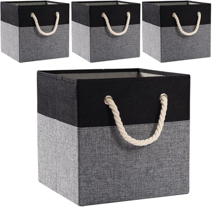 PRANDOM Large Foldable Cube Storage Bins 13x13 inch [4-Pack] Fabric Linen Storage Baskets Cubes Drawer with Cotton Handles Organizer for Shelves Nursery Closet Bedroom Black