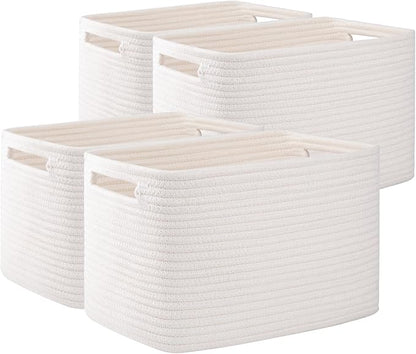 OIAHOMY 4 Pack Storage Baskets for Organizing, Cube Storage Bins for Shelves, Rectangle Storage Baskets With Handles, Woven Baskets for Storage, 16''Lx12''Wx8''H, White