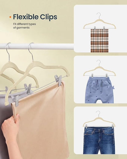 SONGMICS HOME Velvet Pants Hangers with Adjustable Clips, Non-Slip Space-Saving Clothes Hangers, 30 Pack, Shoulder Notches for Skirts, Beige