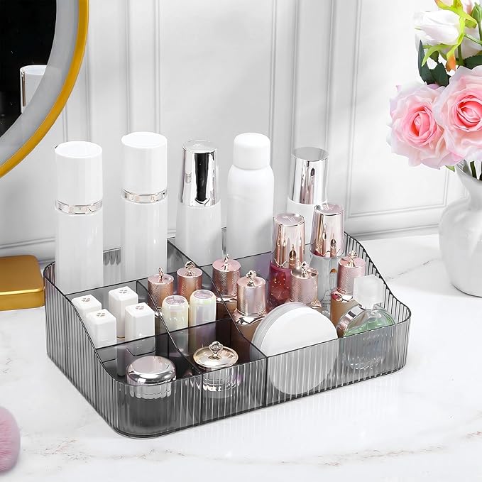 DASITON Large Capacity Makeup Brush Holder, 7 Slot Makeup Brush Cup, Vintage Striped Make Up Brush Holder, Makeup Tray Organizer for Vanity Decor, Bathroom Countertops, Desk Storage Container (Grey)