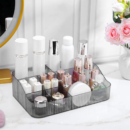 DASITON Large Capacity Makeup Brush Holder, 7 Slot Makeup Brush Cup, Vintage Striped Make Up Brush Holder, Makeup Tray Organizer for Vanity Decor, Bathroom Countertops, Desk Storage Container (Grey)