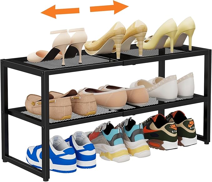 2 Tier Shoe Rack Organizer for Closet and Entryway, Expandable & Stackable Metal Shoe Storage Shelf, Adjustable Small Shoe Rack (17.52-28.74 in), Black