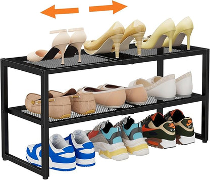 2 Tier Shoe Rack Organizer for Closet and Entryway, Expandable & Stackable Metal Shoe Storage Shelf, Adjustable Small Shoe Rack (17.52-28.74 in), Black
