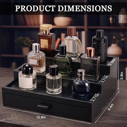 Wooden Cologne Organizer for Men 3 Tier Perfume Stand Organizer with Drawer and Hidden Compartment Cologne Display Riser Shelf Holder for Dresser Figures Fragrances Skincare Makeup Storage (Black)