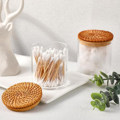 2 Pack Cotton Ball Holder Cotton Pad Holder with Rattan Lids Bathroom Container 10 oz Clear Plastic Apothecary Jar Containers Vanity Canisters Jars Accessories Set for Floss