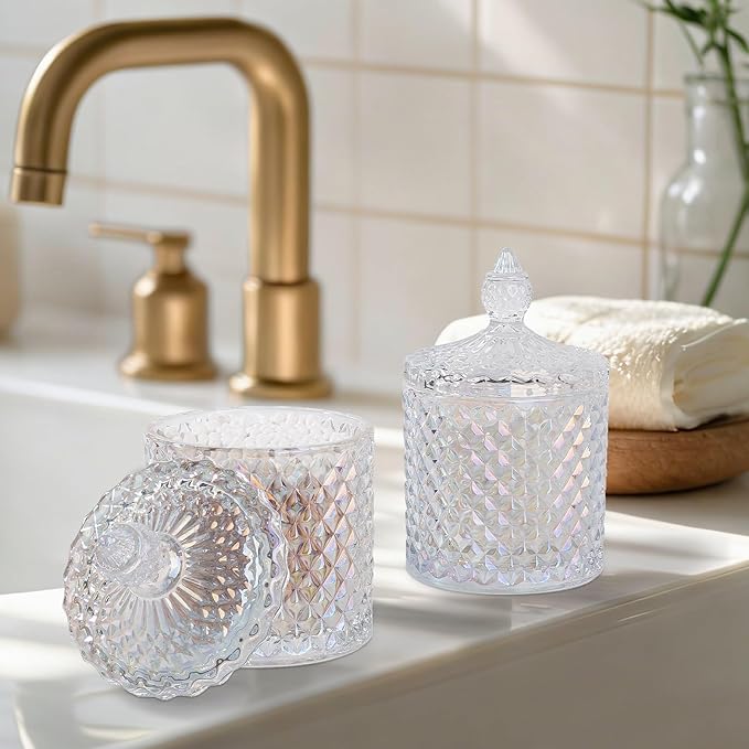 2 Pack Qtip Holder Thick Glass Apothecary Jars with Lid for Bathroom Decor Storage Organizer for Cotton Swabs, Balls, Pads, Floss Picks, Candy, Jewelry, Iridescent Clear