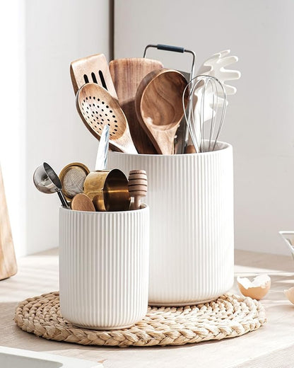 getstar Large Rotating Utensil Holder for Kitchen Counter,7.2"+5.4" Ceramic Utensils Crocks Set for Countertop Large & Small Utensil Organizer for Spatula Farmhouse Kitchen Decor