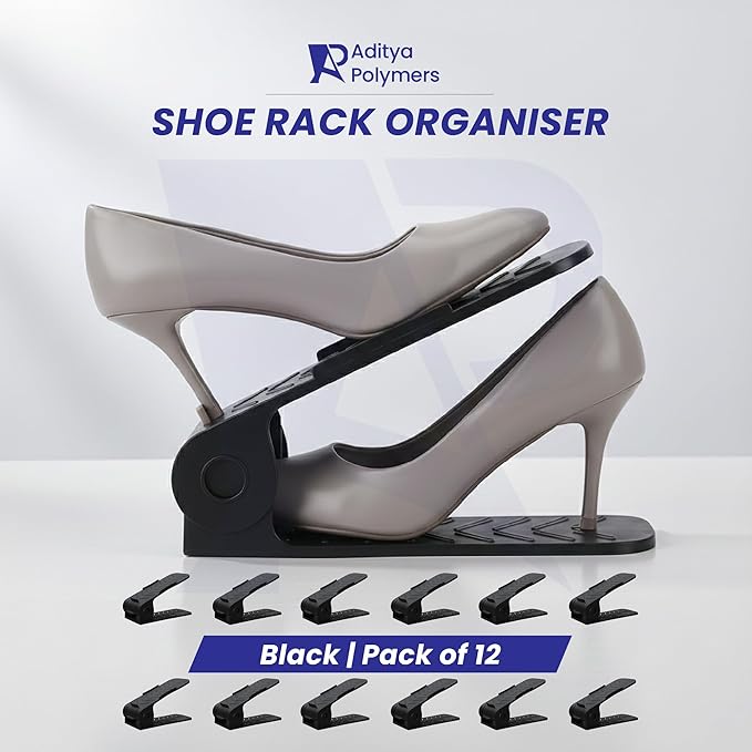 -12 p.c Adjustable Height Plastic Shoe Organizer (Black)