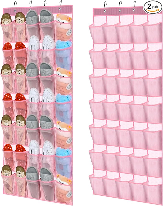 Windyun 2 Pcs 70 Large over The Door Shoe Organizer Hanging Shoe Rack for Closet Holder Pink Mesh Pockets Back to School Behind Door Hanger Storage Nonslip for Home Room School Dorm, Each 35 Pockets