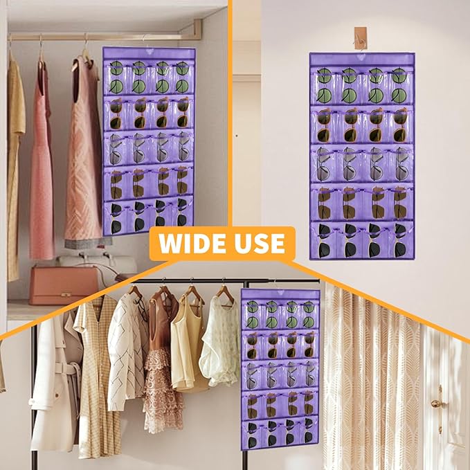 2 Pcs Sunglasses Organizer Storage Sunglass Holder for Wall Hanging Eyeglass Organizer for Multiple Glasses with 40 Clear Slots (PURPLE)