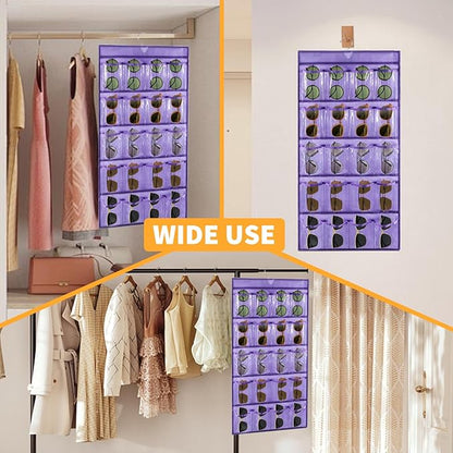2 Pcs Sunglasses Organizer Storage Sunglass Holder for Wall Hanging Eyeglass Organizer for Multiple Glasses with 40 Clear Slots (PURPLE)