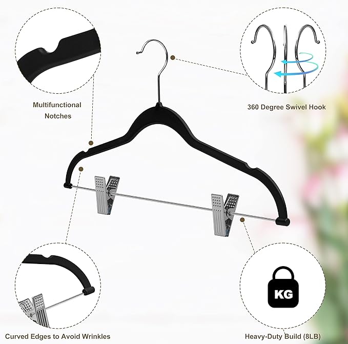 Quality Plastic 20-Pack - Non Velvet Non-Flocked Thin Compact Coat Hangers with Metal Clips for Skirts Pants Blouses - 360° Swivel Hook (Black, 20)