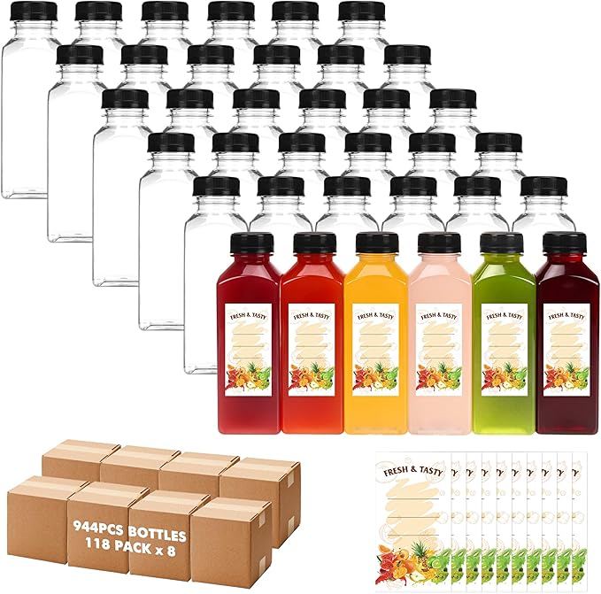 BAKHUK 944pcs 12oz Empty Plastic Juice Bottles with Caps, Plastic Water Bottles with lids, Reusable Clear Bulk Beverage Containers for Juice, Milk and Other Beverages