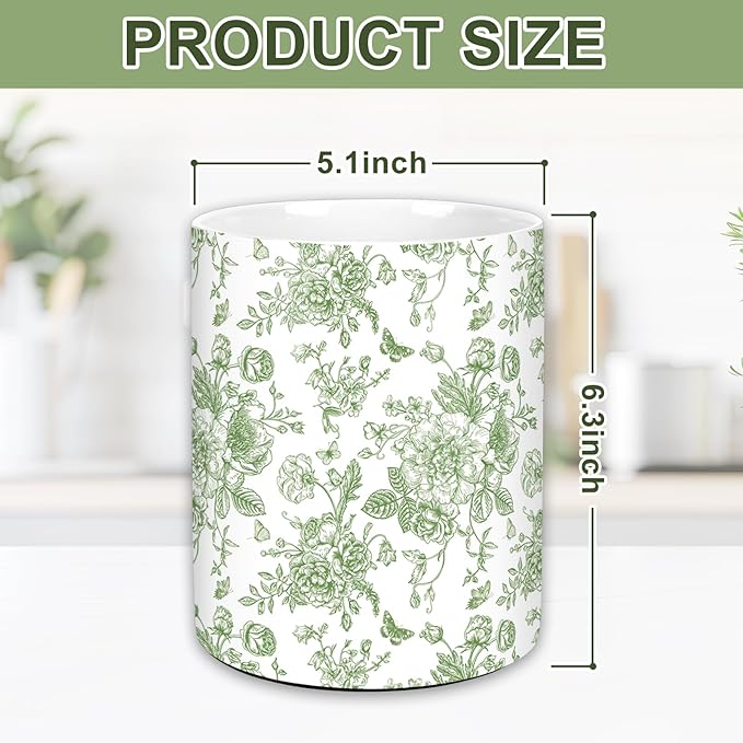 JarThenaAMCS Green Floral Ceramic Utensil Holder Vintage Flower Butterfly Utensil Crock for Home Kitchen Countertop Storage Organizer Container