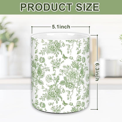 JarThenaAMCS Green Floral Ceramic Utensil Holder Vintage Flower Butterfly Utensil Crock for Home Kitchen Countertop Storage Organizer Container