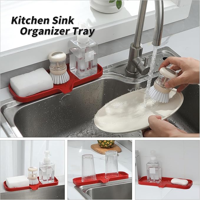 MicoYang Silicone Bathroom Soap Dishes with Drain Spout-Bathroom and Kitchen Sink Organizer,Sponge Holder,Dish Soap Tray,Perfect for Dispenser,Scrubber,Bottle,Cup on Sink or Counter-Red 12"×4"