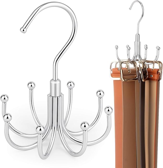 ZEDODIER 4 Pack Belt Organizer for Closet, Heavy-Duty Rotating Belt Hanger Rack Holds Multiple Belts, Hanging Space Saving Metal Belt Holder for Closet Storage, Silver