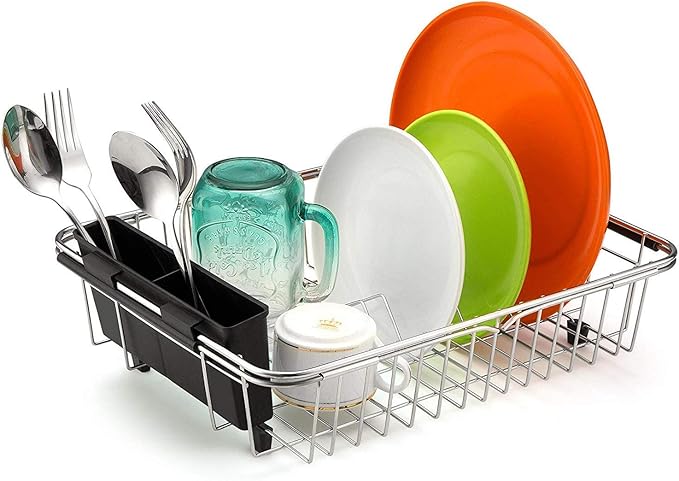 SANNO Plastic Black Utensil Silverware Storage Holder Caddy,Fit Kitchen Sink Drying Rack, Microfiber Dish Mat, Dish Drying Mat