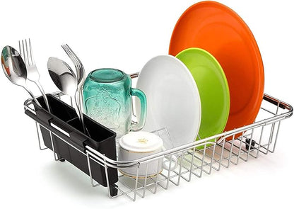 SANNO Plastic Black Utensil Silverware Storage Holder Caddy,Fit Kitchen Sink Drying Rack, Microfiber Dish Mat, Dish Drying Mat
