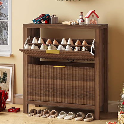 YOMILUVE Shoe Cabinet Storage for Entryway, Fluted Shoe Cabinet with 2 Flip Drawers, Hidden Shoe Rack Tall Freestanding Shoe Organizer with Legs for Hallway, Walnut
