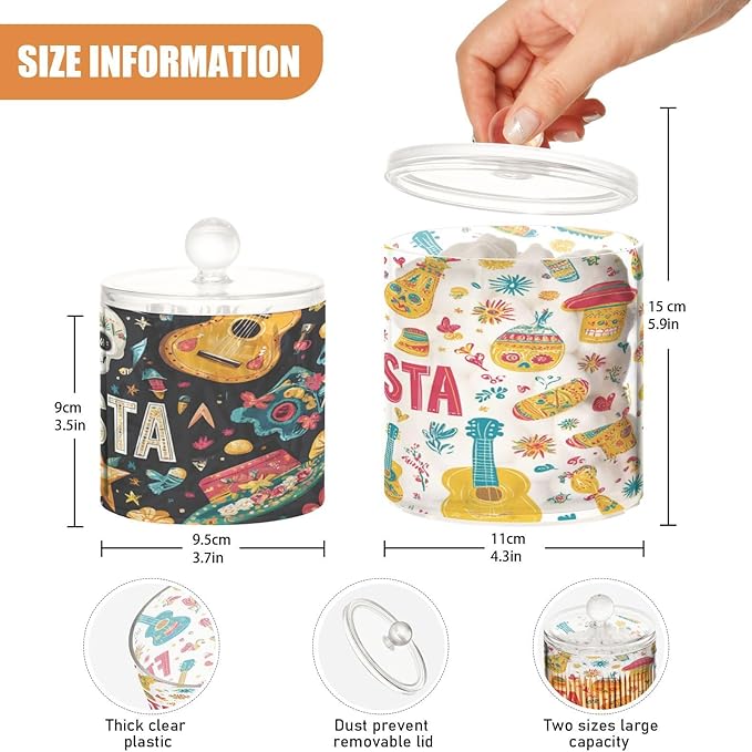 2 Pack Qtip Dispenser Apothecary Jars with Lids Cotton Round Holder Bathroom Canisters for Cotton Swab Floss Ball Pads Clear Plastic Decorative Fiesta Guitars Hats Skulls White Black
