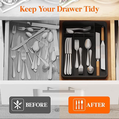 Lifewit Silverware Drawer Organizer Tray, Plastic Cutlery Storage for Kitchen, Flatware and Utensil Holder Divider for Spoons Forks Knives Tableware, 9.5 x 13.4", 5 Slots, Black