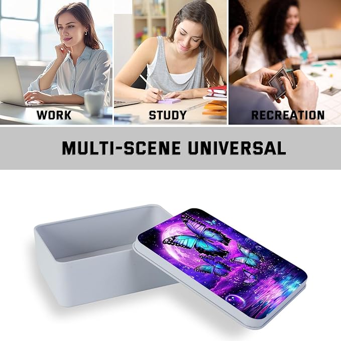 Metal Tin Box with Lid for Game Cards Home Organizer Candles Keys Crafts Storage - Equipped with 4 Magnetic Cord Clips，Purple Moon Blue Butterfly