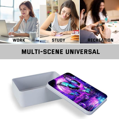 Metal Tin Box with Lid for Game Cards Home Organizer Candles Keys Crafts Storage - Equipped with 4 Magnetic Cord Clips，Purple Moon Blue Butterfly