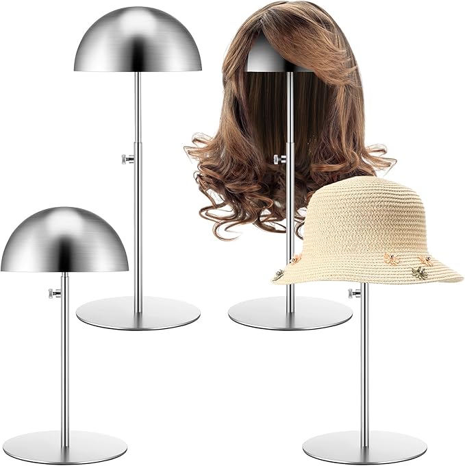 Sintuff 4 Pcs Hat Display Stand:adjustable 7.9-15.7inch Wigs Head Holder Stand Non Slip Stainless Steel Metal Rack for Multiple Hats Wig Storage Styling Practice(Silver,Round Base)
