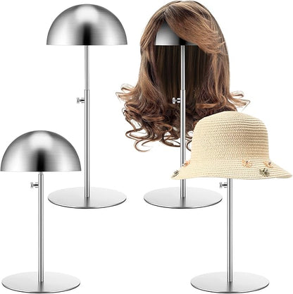 Sintuff 4 Pcs Hat Display Stand:adjustable 7.9-15.7inch Wigs Head Holder Stand Non Slip Stainless Steel Metal Rack for Multiple Hats Wig Storage Styling Practice(Silver,Round Base)