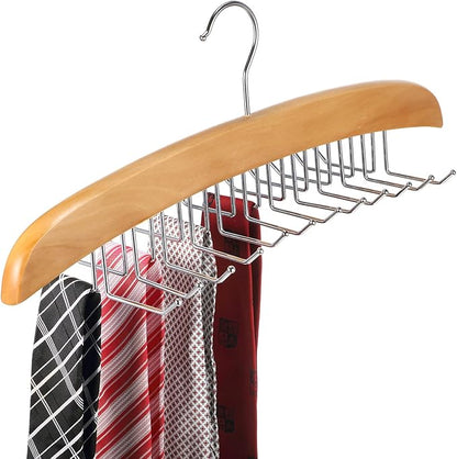 Jetec 2 Pieces Tie Rack Tie Hanger 24 Hooks Wooden Tie Rack Hanger for Closet 360 Degree Rotating Belt Holder Tie Organizer for Men Women Bras Tank Tops Camisoles(Natural Wood Color)