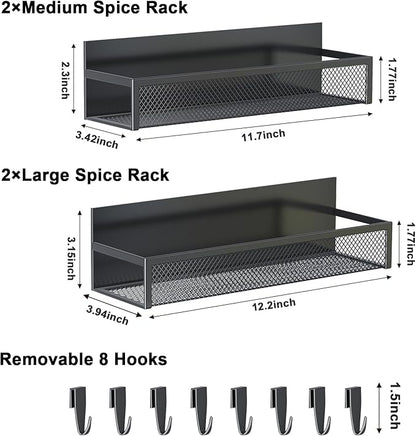 Aufworld Magnetic Spice Rack for Refrigerator, 4 Pack Magnetic Shelf, Fridge Magnet Organizer with Moveable 8 Hooks, Magnetic Fridge Shelf for Kitchen Organization and Storage (4 Pack)