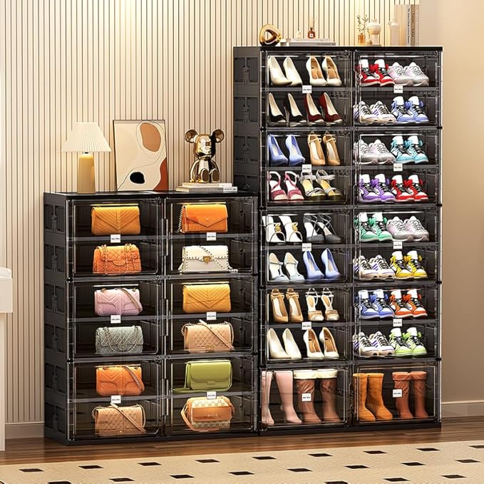 JEKO&JEKO 9 Tiers Foldable Boot Storage Shoe Rack Cabinet for Closet Entryway, Large Collapsible Shoe Organizer with Magnetic Doors (Black)
