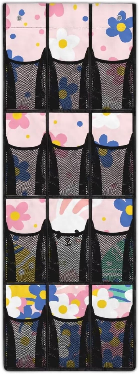 Easter Bunny Daisy Over The Door Shoe Organizer,Hanging Shoe Organizer with 12 Mesh Pockets,Door Shoe Rack Organizer for Women Kids,Hanging Shoe Storage Bag,Closet Rack for Home