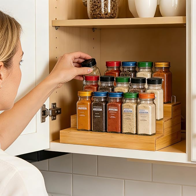 Spice Rack Organizer for Cabinet - Bamboo Spice Shelf, 3 Tier Seasoning Organizer for Countertop, Kitchen, Pantry 2 Pack