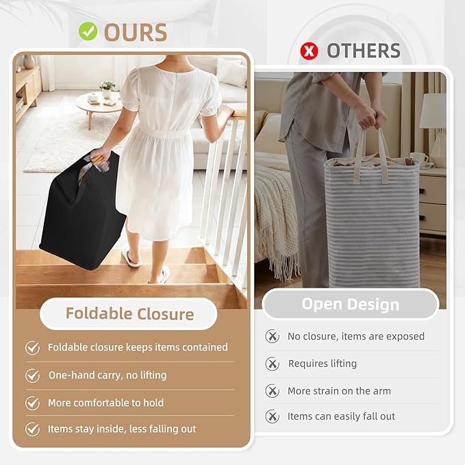 STORAGE MANIAC 1-Pack Large Laundry Hamper, 100L (26.4 Gal) Collapsible Laundry Basket with Bamboo Handles, Freestanding Waterproof Clothes Hamper for Laundry Room, Bedroom, Dorm, Towels, Toys, Black