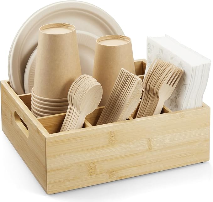 Bamboo Utensil Holder for Party, 6-Compartment Paper Plate and Silverware Organizer with Handles, Utensil Caddy for Parties, Outdoor Gatherings, and Kitchen Countertop Organization