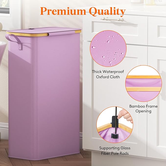 Lifewit 75L Slim Laundry Hamper with Lid, Narrow Laundry Basket with Removable Bag & Bamboo Handles, Fodable Thin Dirty Clothes Hamper for Laundry Collapsible Bin for Bathroom Bedroom Dorm, Purple