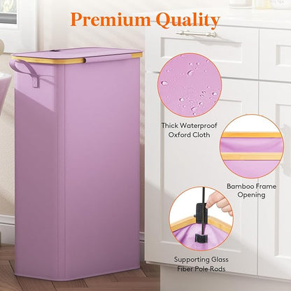 Lifewit 75L Slim Laundry Hamper with Lid, Narrow Laundry Basket with Removable Bag & Bamboo Handles, Fodable Thin Dirty Clothes Hamper for Laundry Collapsible Bin for Bathroom Bedroom Dorm, Purple