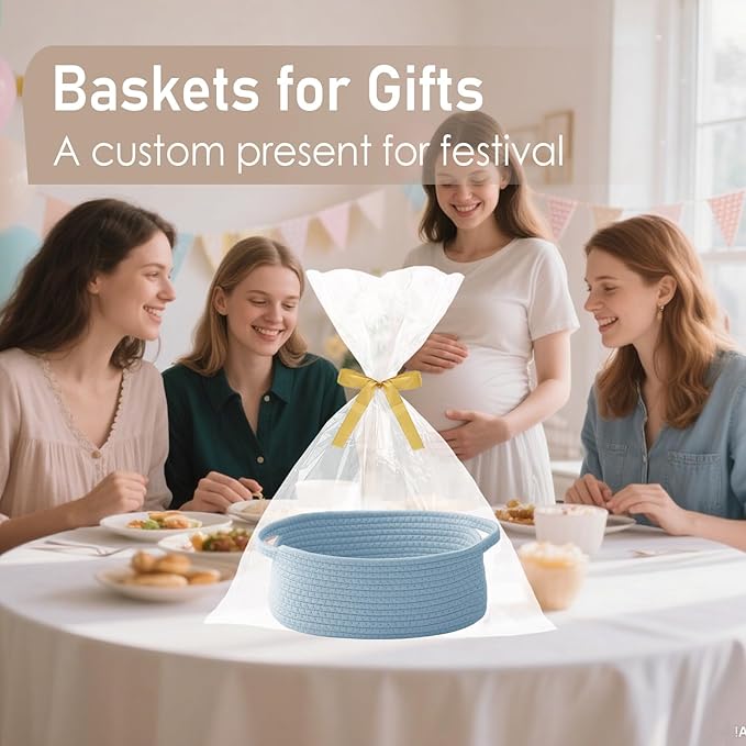JMvicyroam Woven Basket,Small Rope Storage Bin with Handles & Ribbon Bag, Organizer for Shelves Closets,Gift Basket Empty for Birthday,Books,Dog Toys, Blue/3 Pack