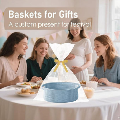 JMvicyroam Woven Basket,Small Rope Storage Bin with Handles & Ribbon Bag, Organizer for Shelves Closets,Gift Basket Empty for Birthday,Books,Dog Toys, Blue/3 Pack