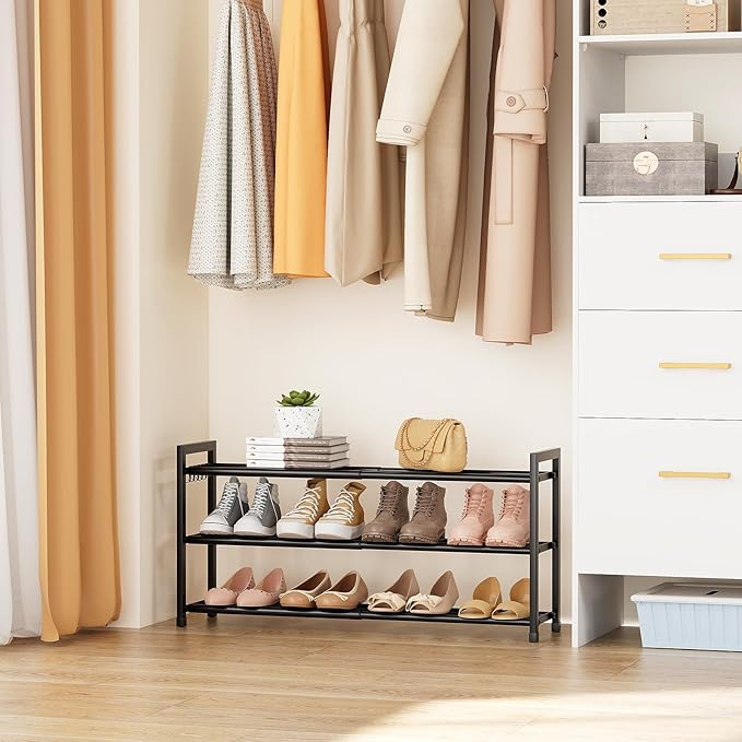LANTEFUL Adjustable 18"-33" Expandable Shoe Rack for Closet 12 Pairs Small Spaces 3 Tier Shoe Organizer with 5 Hooks Metal Shoe Shelf for Entryway, Bedroom