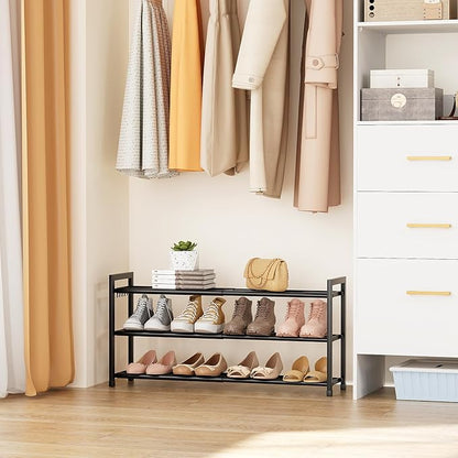 LANTEFUL Adjustable 18"-33" Expandable Shoe Rack for Closet 12 Pairs Small Spaces 3 Tier Shoe Organizer with 5 Hooks Metal Shoe Shelf for Entryway, Bedroom
