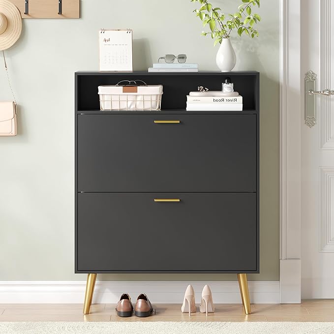 Entryway Shoe Cabinet, Black Shoe Storage Cabinet with 2 Flip Doors and Shelf, Narrow Hidden Shoe Organizer Cabinet Slim, Freestanding Shoe Rack for Entryway, Black