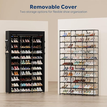 Ekisemio 12-Tier Tall Shoe Rack with Covers – Holds 72 Pairs, Large Capacity Vertical Shoe Organizer – Space-Saving Storage for Closet, Entryway, Bedroom