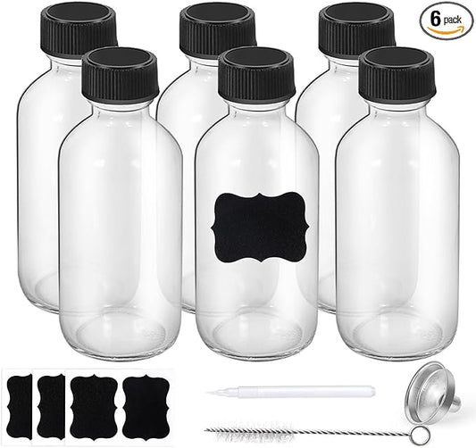 2oz Small Clear Glass Boston Bottles with Lids - Reusable Leakproof Travel Kit With 1 Stainless Steel Funnel, 6 Labels, 1 Brush & 1 Chalk Marker for Juice, Oils, Whiskey, Ginger Shots & More